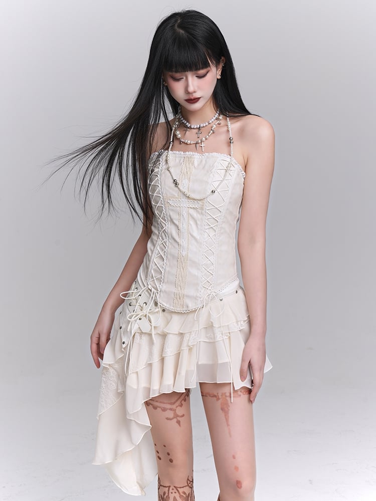Asymmetrical Hem Tiered Skirt Strapless Top Lace Lace-up Beige Cross Applique /
