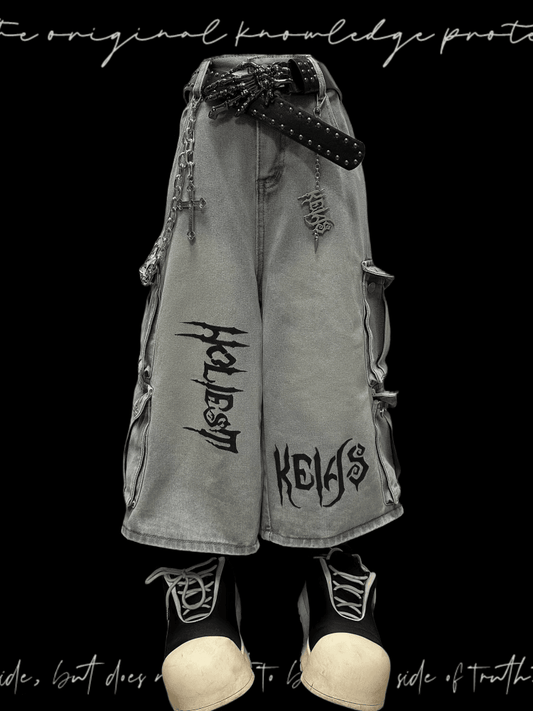 with Jeans Free Light Blue Punk Rock Wide-leg Cargo Charm