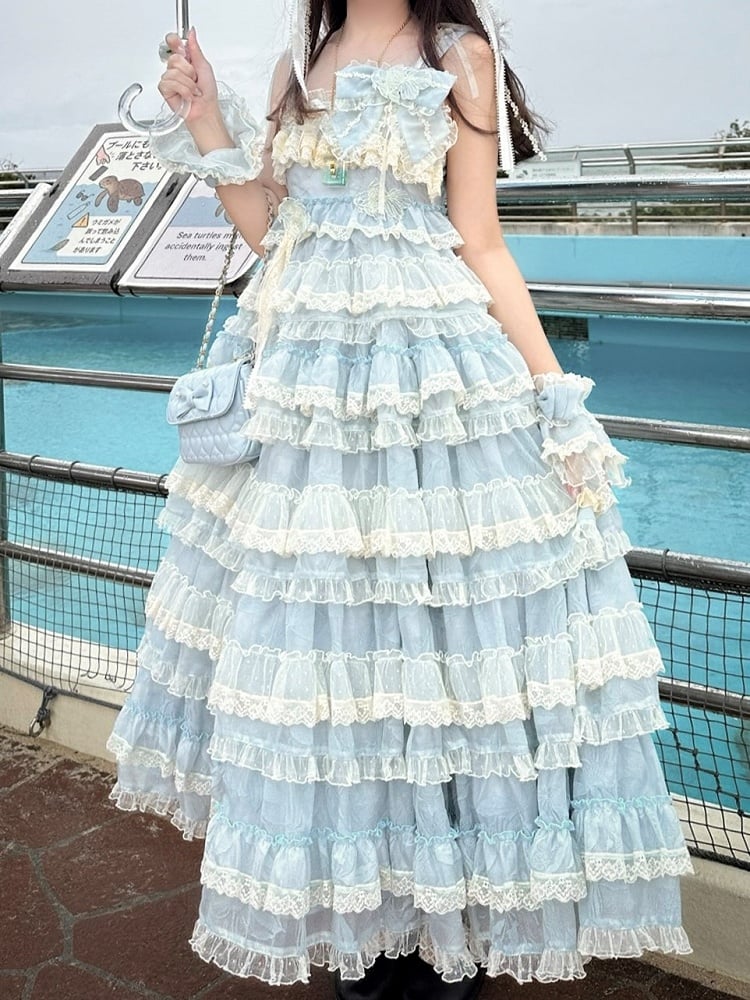 Goldfish Blue Adjustable Ruffle Sweet Embroidery Dress Lolita Straps and with Multi-Layered