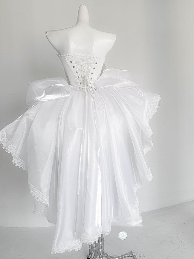Rhinestones Balletcore Puffy Skirt White with Decorated Set Boned Corset Waist Strapless Top