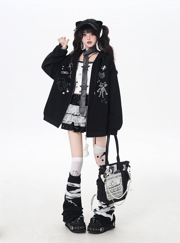 Bone Plushie Schwarz/Grau Zip-up Hoodie mit Kitty Ohren Kapuze und