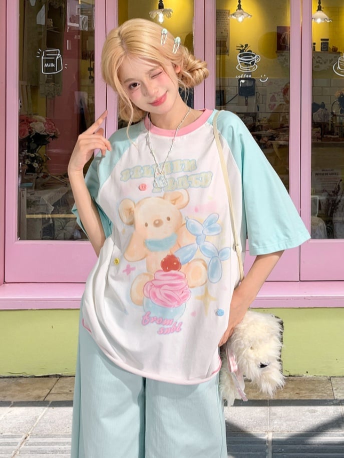 Mint Blue Colorblock Design Bear Print Loose Cute T-shirt