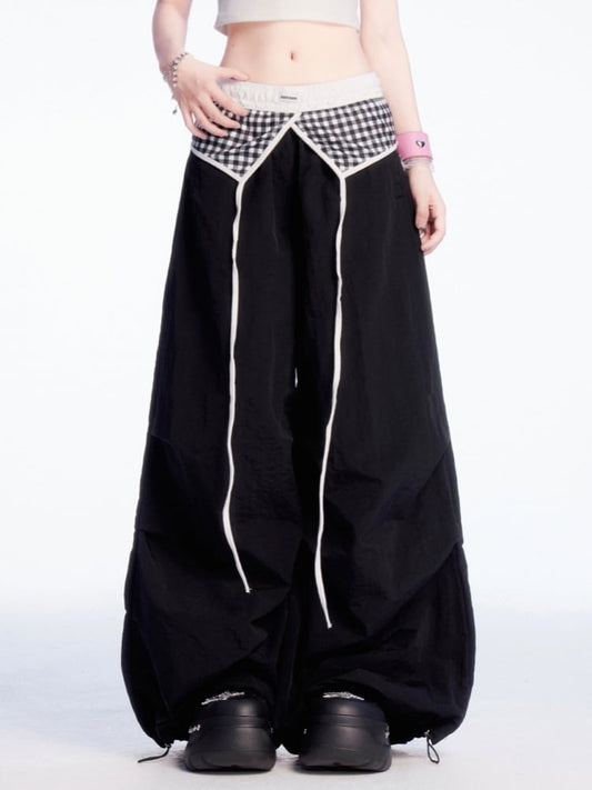 Patchwork Wide-leg Casual Pants Plaid Waist Drawstring Cuffs Black