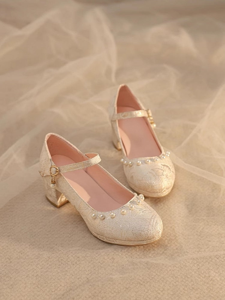 Beige Heels Pattern Lolita Floral Block Mid Details Beads Qi Satin -