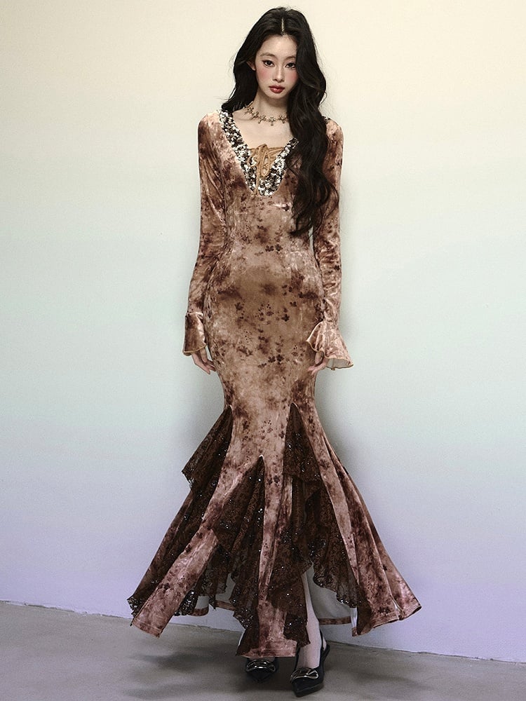 Coffee Sequins V-neck High Waist Lace Patchwork Flounce Mermaid Skirt Velvet Dress Evening Gown