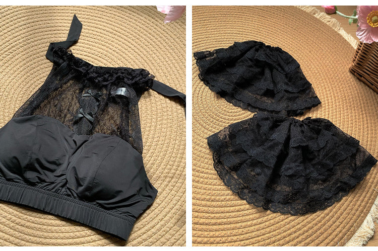 Sleeves Detachable Halter Lace Top Black with Neck Flutter Cropped