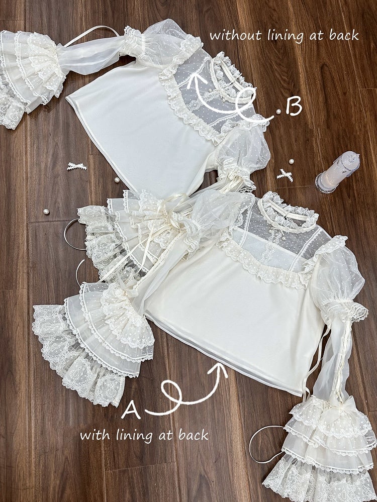 Tüll Weiß mit Ärmeln Creme Abnehmbare Bluse Gepunktet Puff