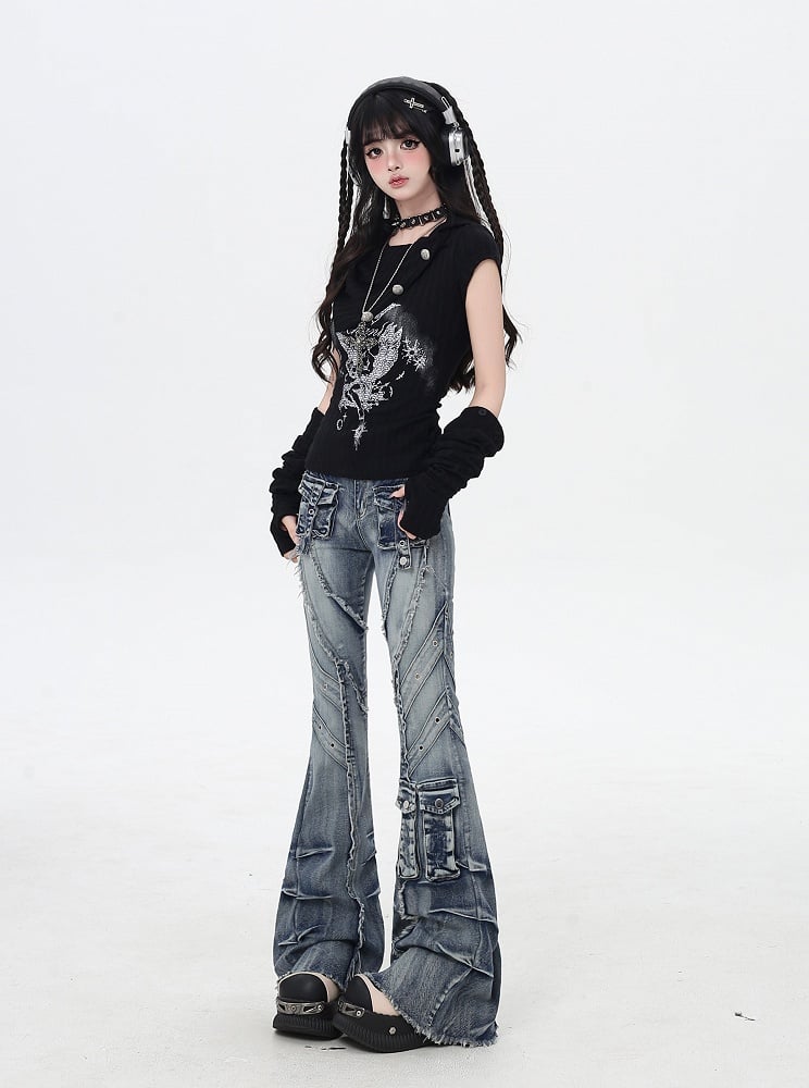 Blue Low Rise Raw Hem Faded Wash Flared Cargo Jeans Y2K