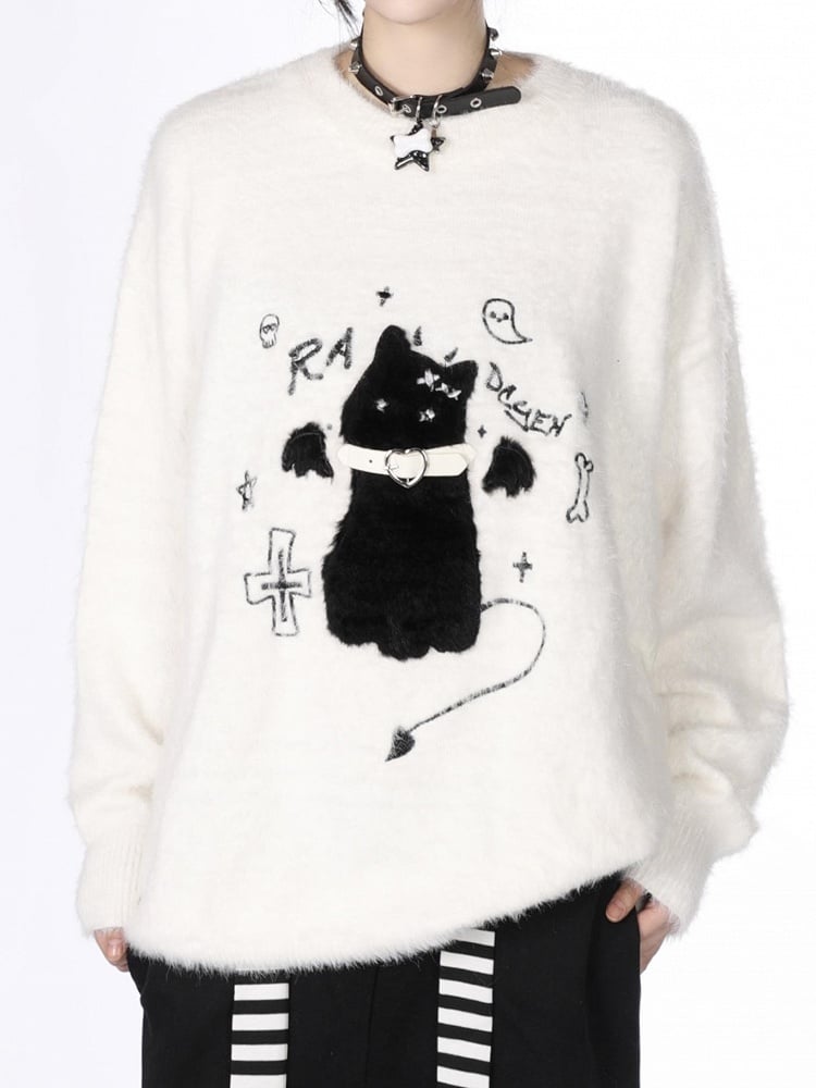 Detail Cat Belt Sweater Collar Knit Flocked Embroidery - Kawaii White/Black