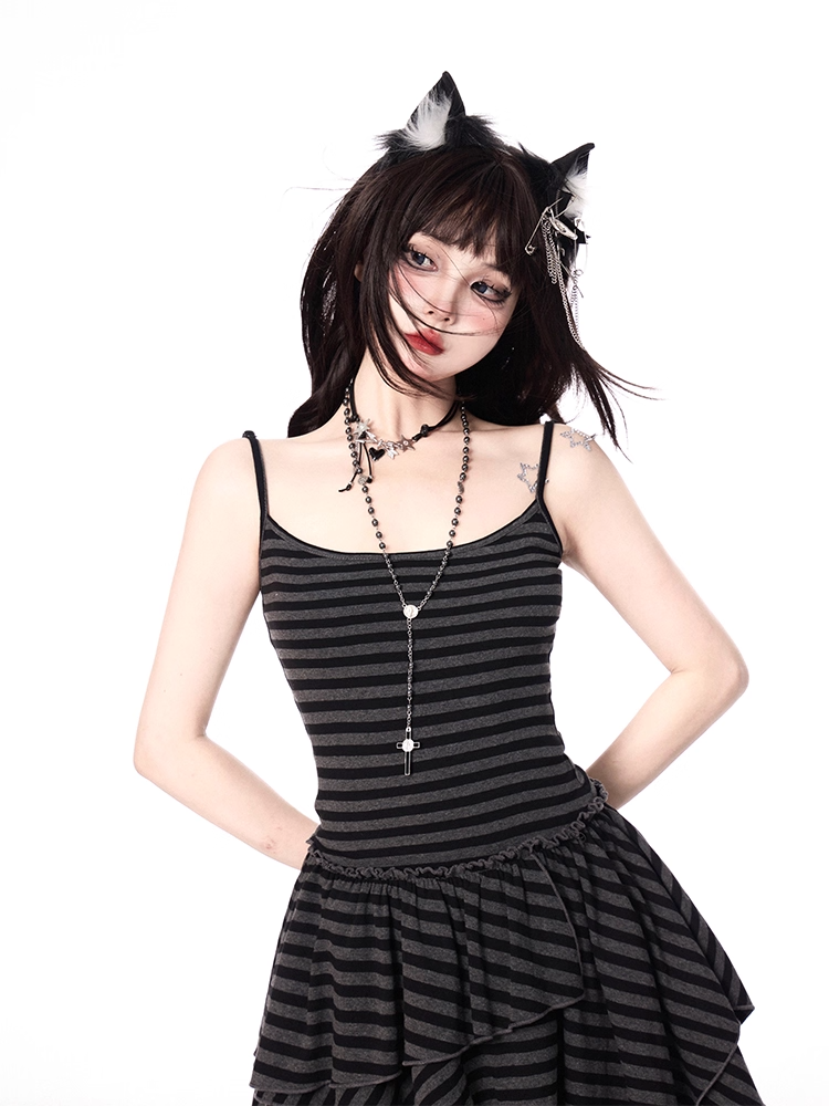 Dress Skirt Cami Black and Gray Stripes Handkerchief Hem Tiered