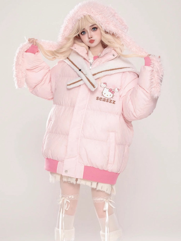 Pink Kitty Print Detachable Sailor Collar Thick Jacket