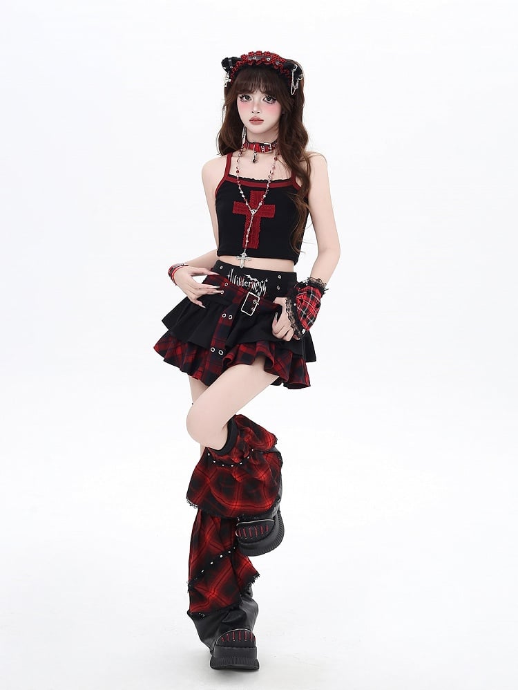 Lined Tiered Skirt with Cross Garter Red Plaid Buckle and Y2K Black Design Belt