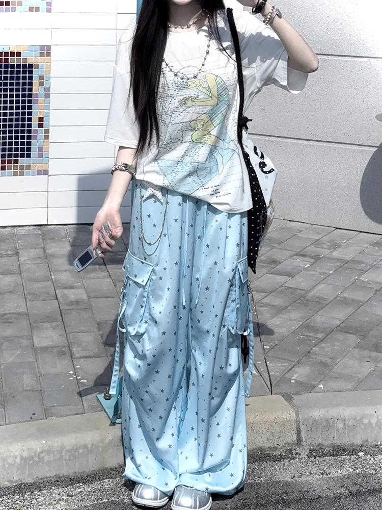 Blaue Cargohose mit weitem Bein und Allover-Taille und Kordelzug im Sternenmuster