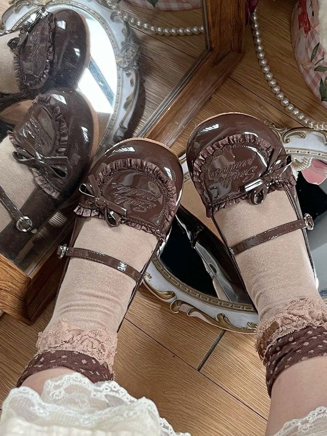 Sohle Leder Lolita geknotet süß braun Schleife flach Akzent mit Schuhe Rüschen Trim PU