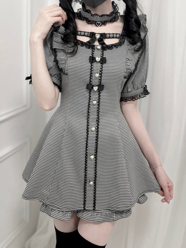 Set - Flutter Sleeves Self-tie Bow Back Mini Dress + Shorts Houndstooth Jirai Kei + Choker