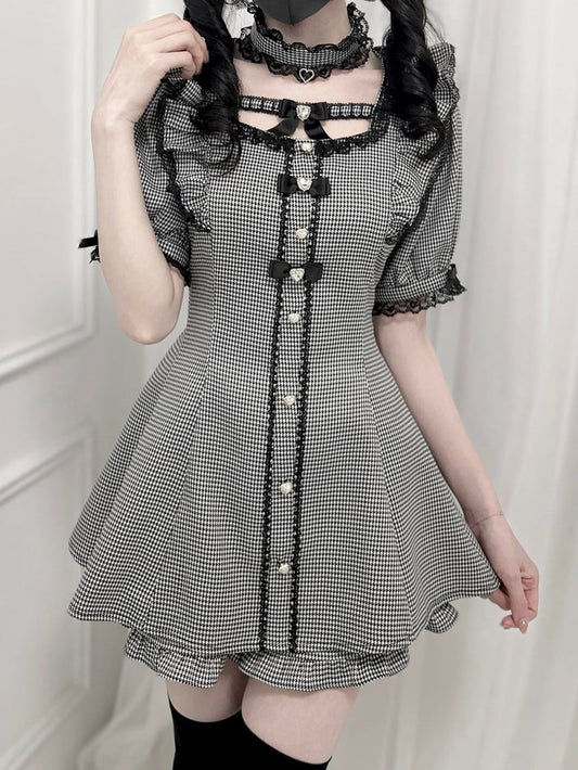 Set – Minikleid mit Flatterärmeln, Schleife hinten zum Selbstbinden + Shorts, Hahnentrittmuster, Jirai Kei + Halsband