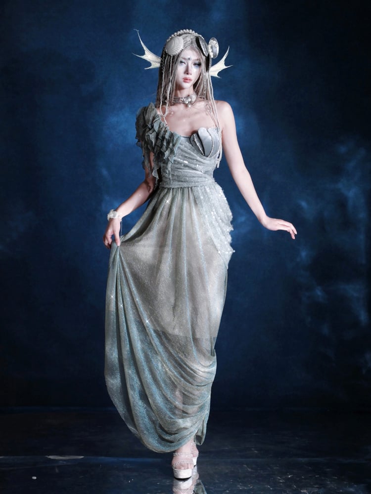 Shimmer Siren Asymmetrical Neckline Goth Cascading Ruffles Dress Fairy