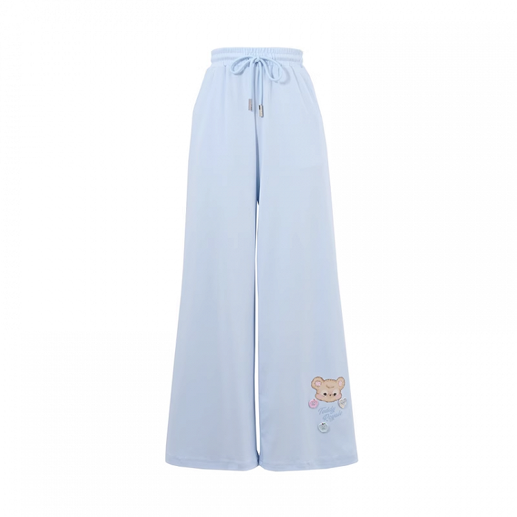Wide-Leg Casual Pants Blue Drawstring Waist Bear Print Cuff