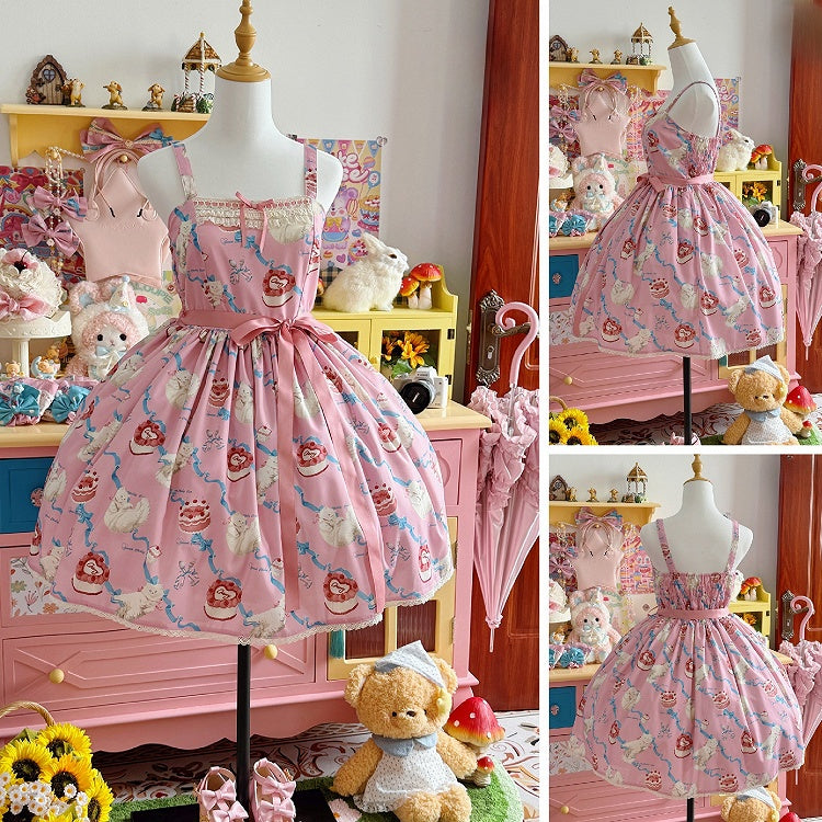 Fluffy Showa Jumper Pink Kitty Cute Lolita Print Sweet Skirt Dress