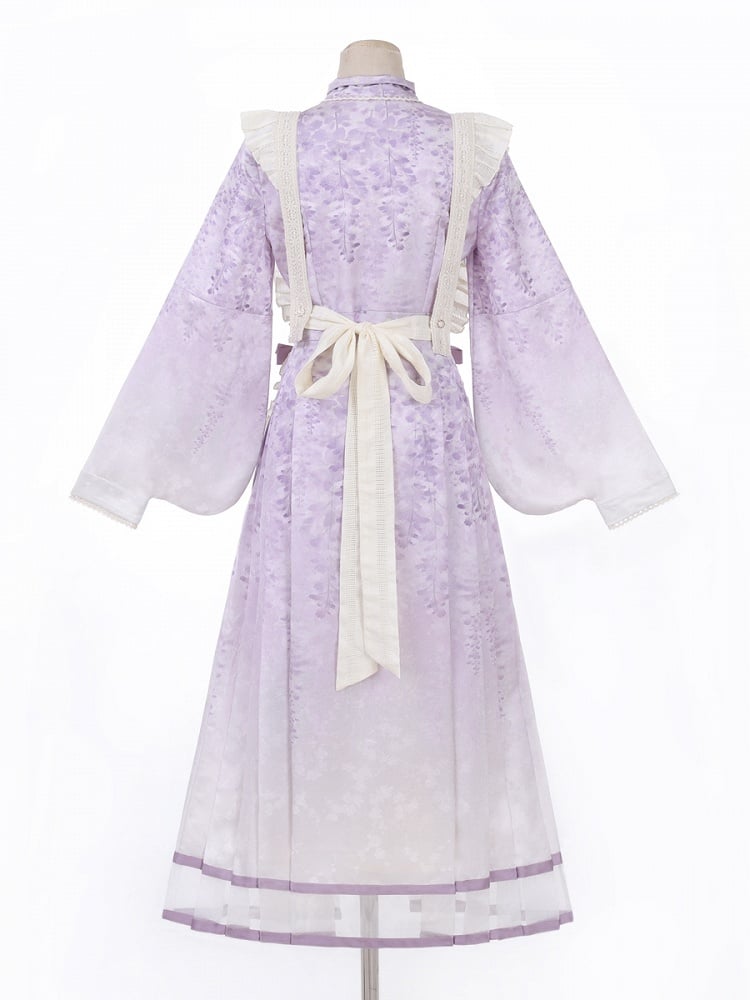 Beige Print Charm Kleid Quaste Lolita Han Schürze Floral Wisteria Lila + Perlen mit