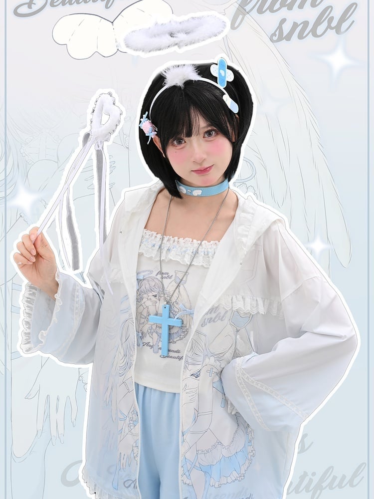Sonnenschutz mit Kapuze, blau-weiß, Anime-Mädchen-Print, gekräuselter Saum, Jacke, Spitze