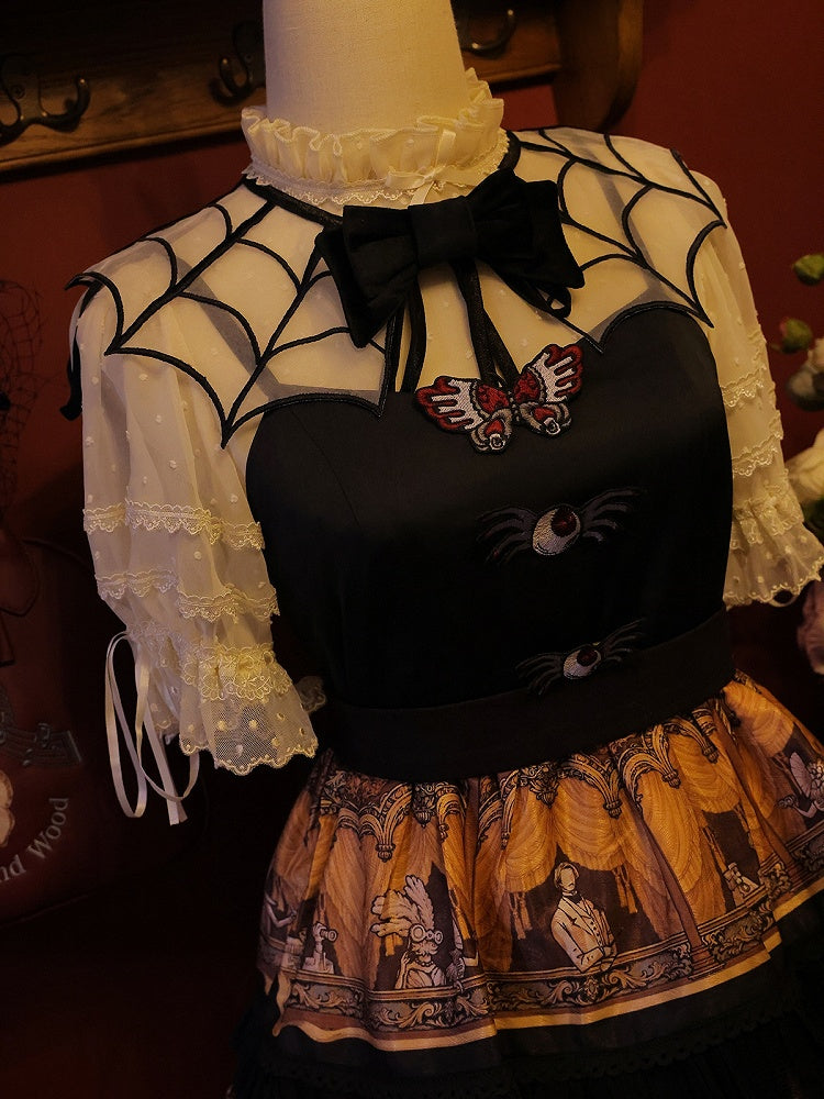 Spider Web Embroidery Brooch Organza and Butterfly Moth Fake Collar Detachable with Black White