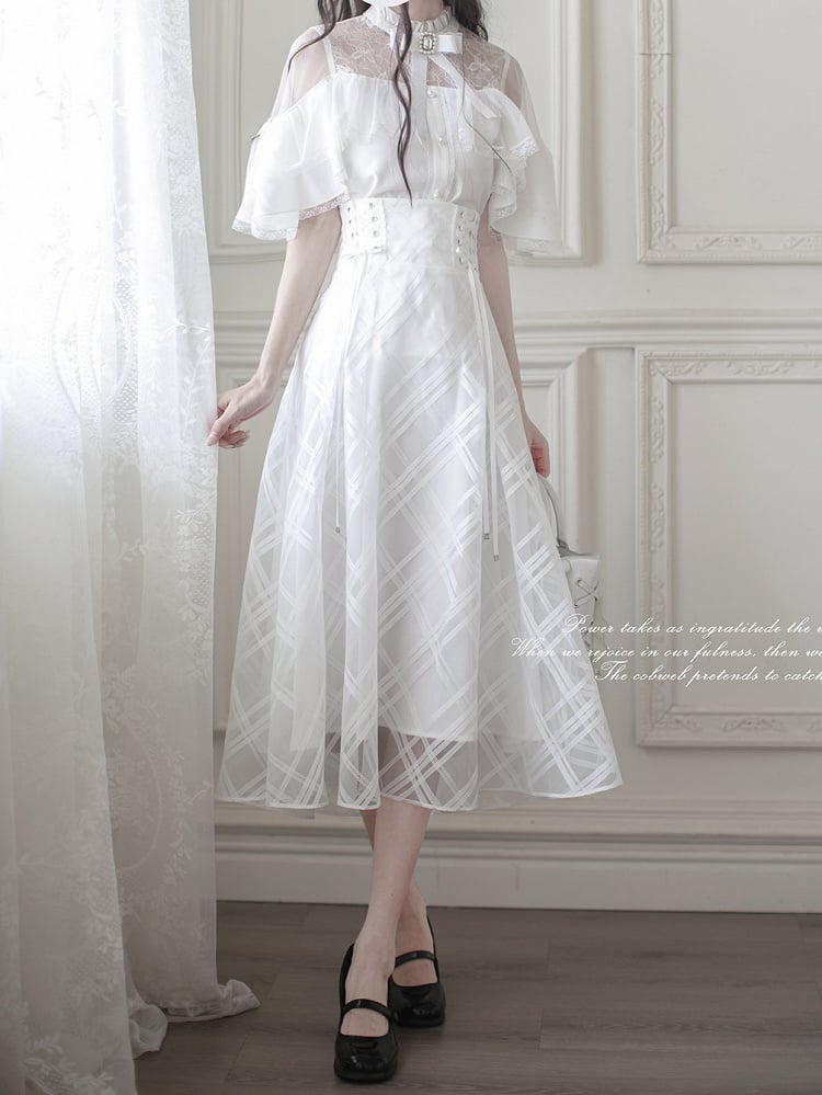 Innocent White Clean Cape Design Top Aesthetic Illusion Neckline and Trim Lace with