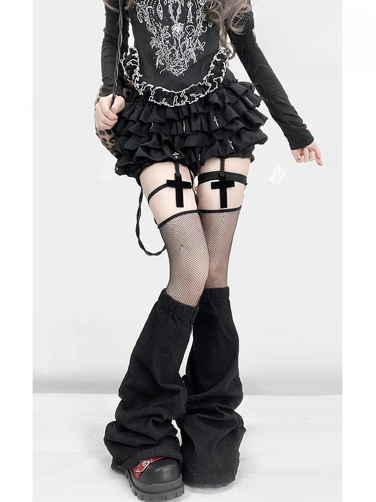 Gothic Schwarz Y2K Hohe Taille Überkreuzter Oberschenkellang Glamourös Gefütterter Stufen-Skort