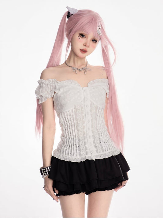 VネックTシャツ ホワイト オフショルダー ネックライン パフスリーブ スイート