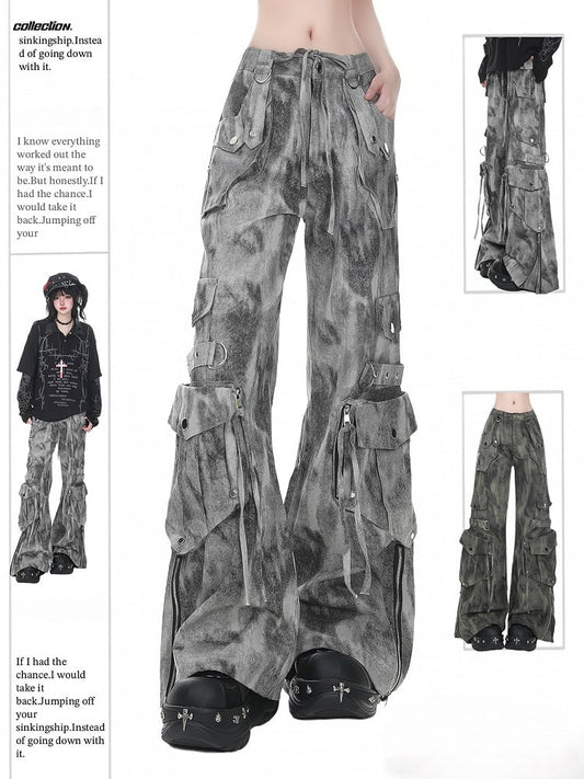 Gray/Green Faded Vintage Dark Wash Wide-Leg Cargo Jeans with Zippered Cuffs