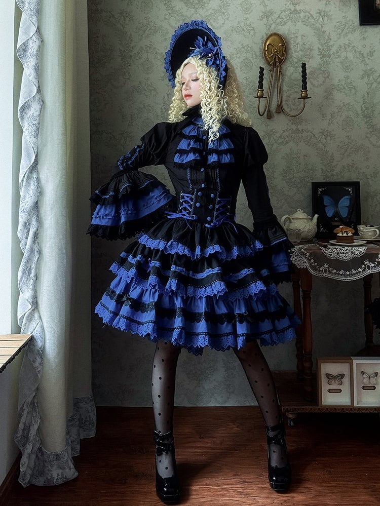 Layered Lolita Gothic Blue Waist Skirt High Black Klein and Corset