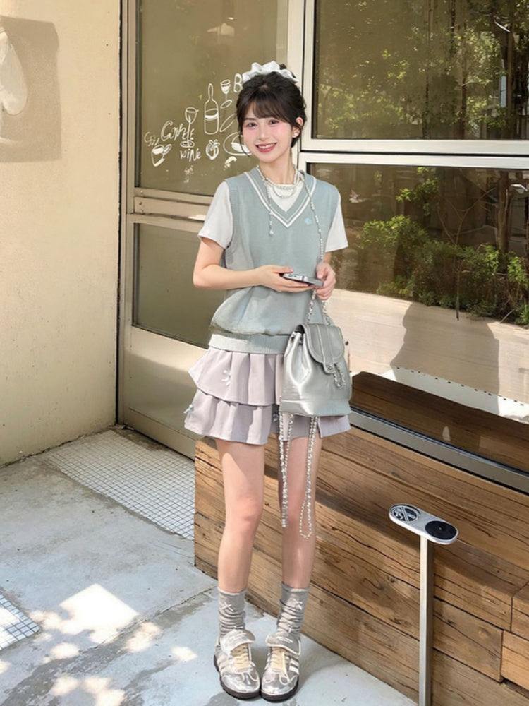 Green V-Neck Preppy JK Uniform Knitted Vest Light