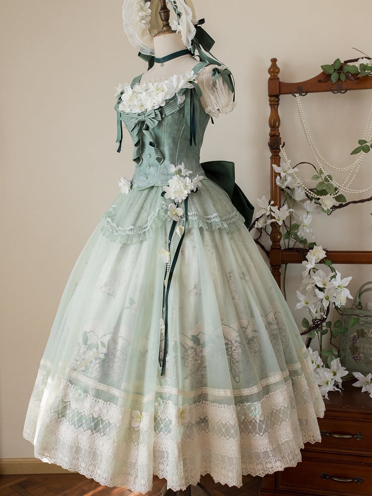 Decoration Set Jasmine Print Top Green Skirt Lolita Corset Classic Long Floral +
