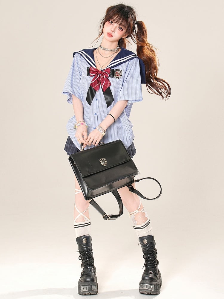 Collar Blue Pattern Bow Daily Sailor With Striped Kawaii Shirt