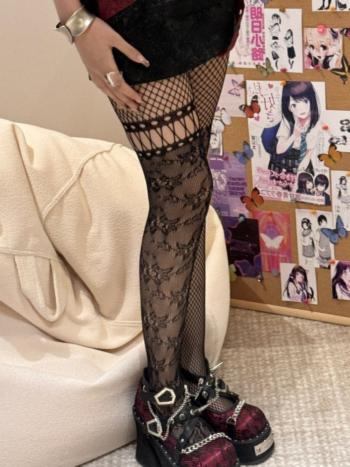 Y2K Fishnet Asymmetrical Black Tights Design