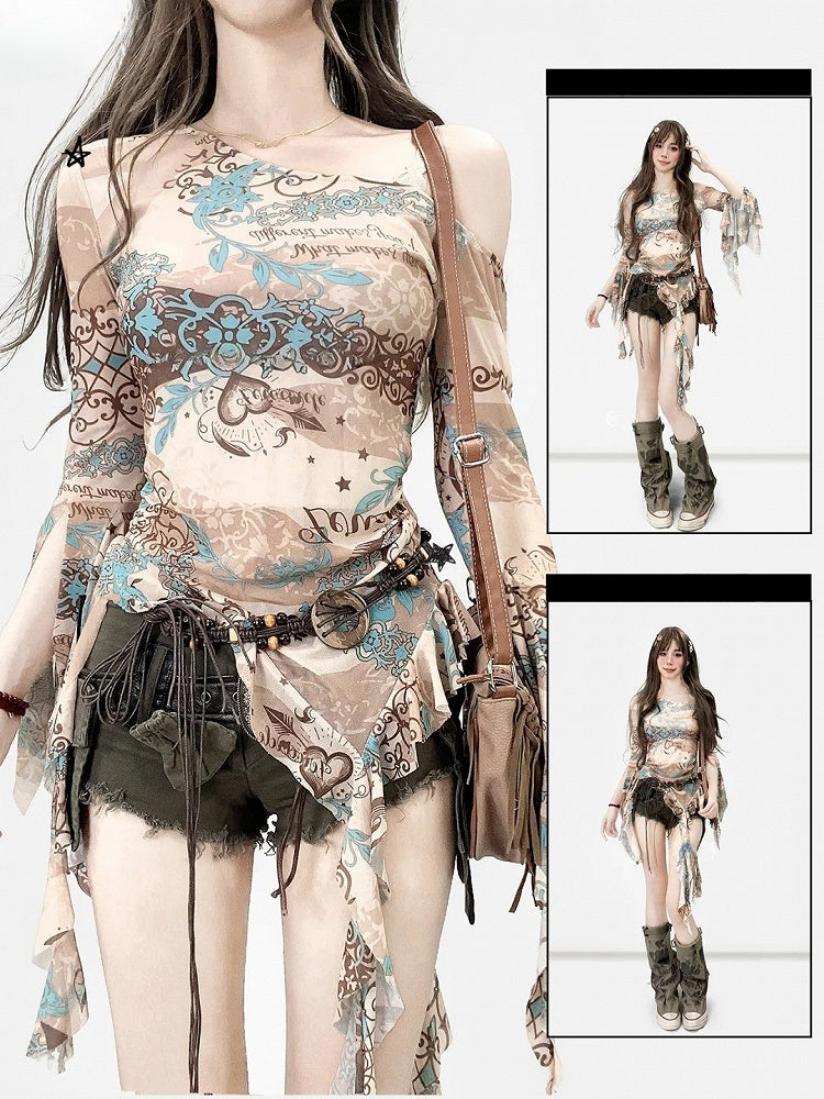 Design Neckline Print Cascading Accents Asymmetrical Long Ruffle Top Khaki Sleeves