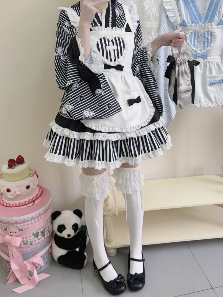 ブラックストライプのリトルゴーストプリントトップス+ティアードスカート+エプロン和ロリータセット