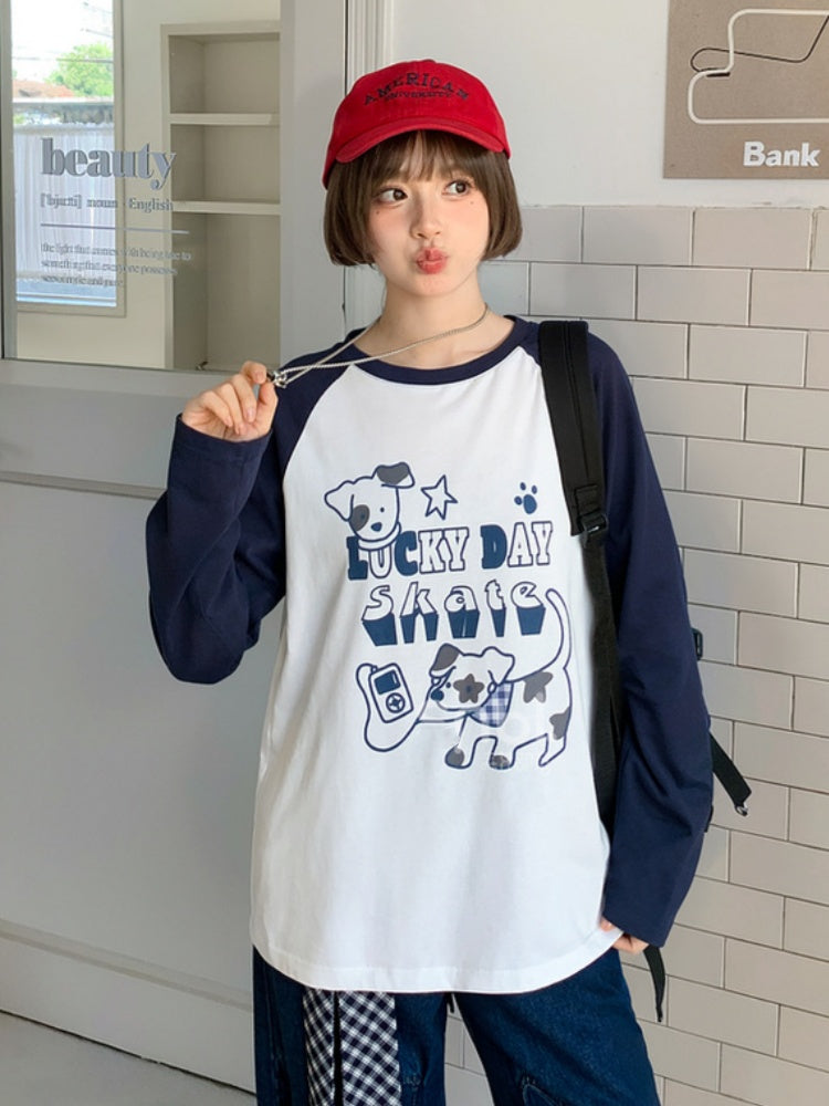 Top White/Blue Colorblock Design Adorable Puppy Print Loose