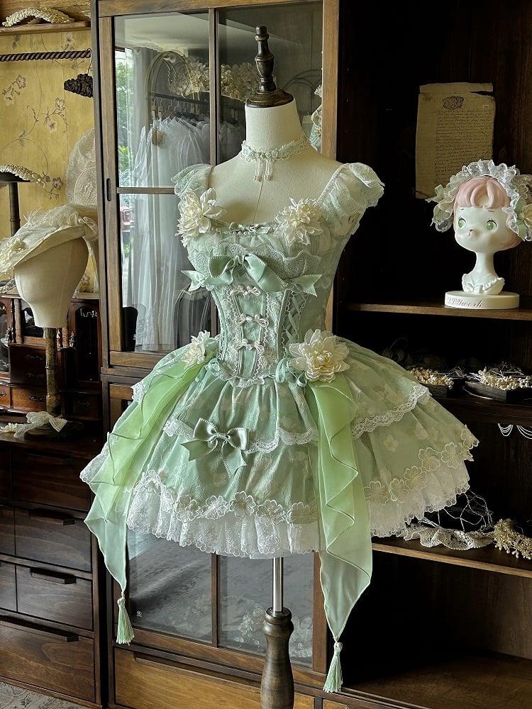 Green Top Frog Buttons Print Corset Skirt + and Jasmine-Embellished Floral Waist Lolita