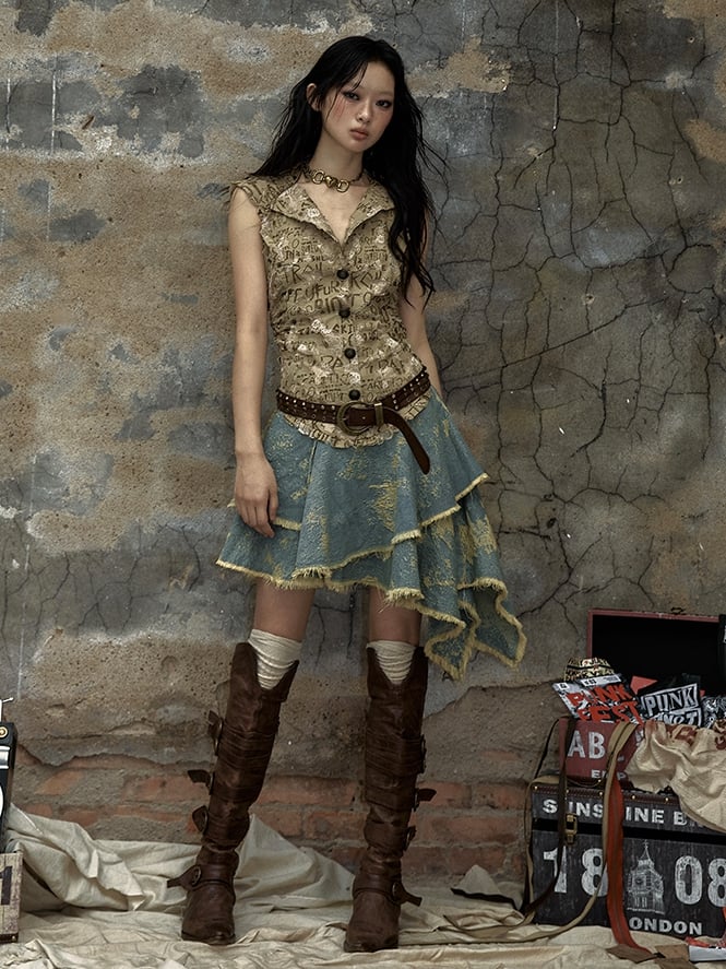 レタードカーキトップデニムハンカチスカートパンクフード付きドレス