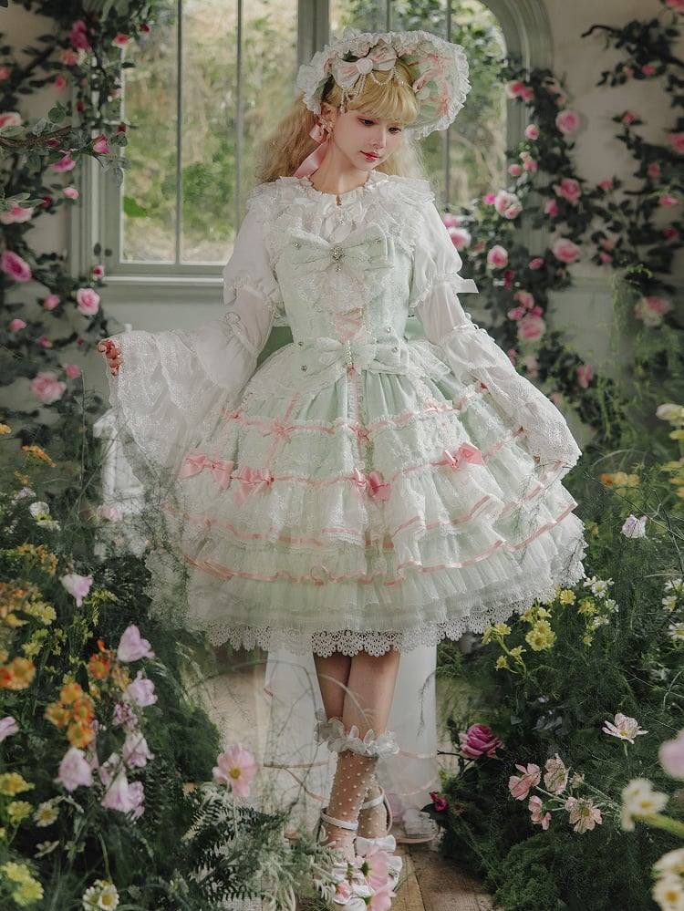 Mintgrüner Hanayome-Lolita-Pulloverrock mit Schleifenverzierung, süßes Hime-Lolita-Pulloverrock-Set