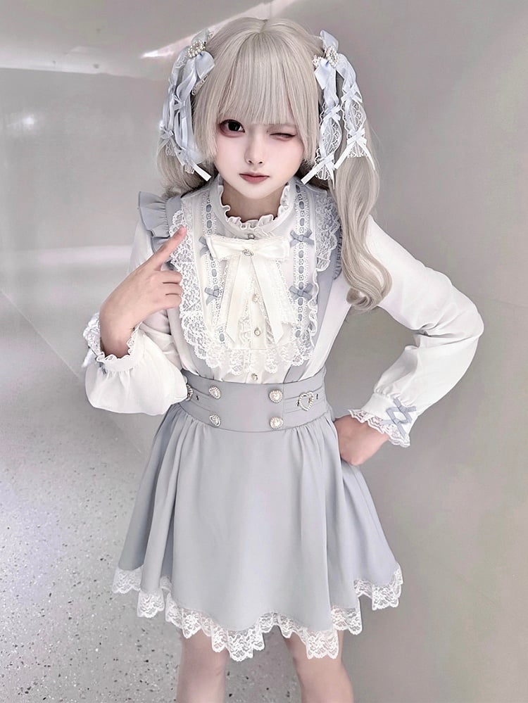 Bow with Ruffle White Included Jirai Free Blue and Neckline Kei Blouse Tie | Dusty