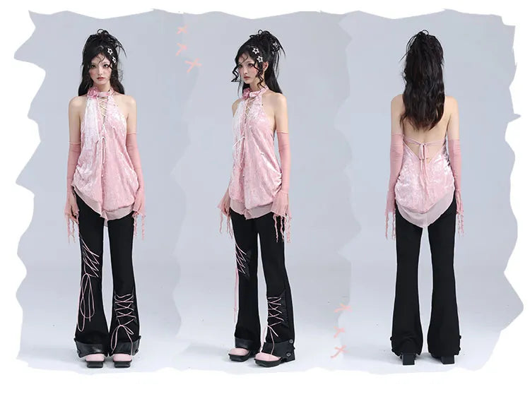 Flared Detail Lace-up Pants Black