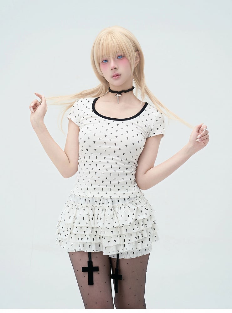 with Skort Ruffles Charms Cross Pastel Cat Paw and Cross Print Tiered Gothic White Allover