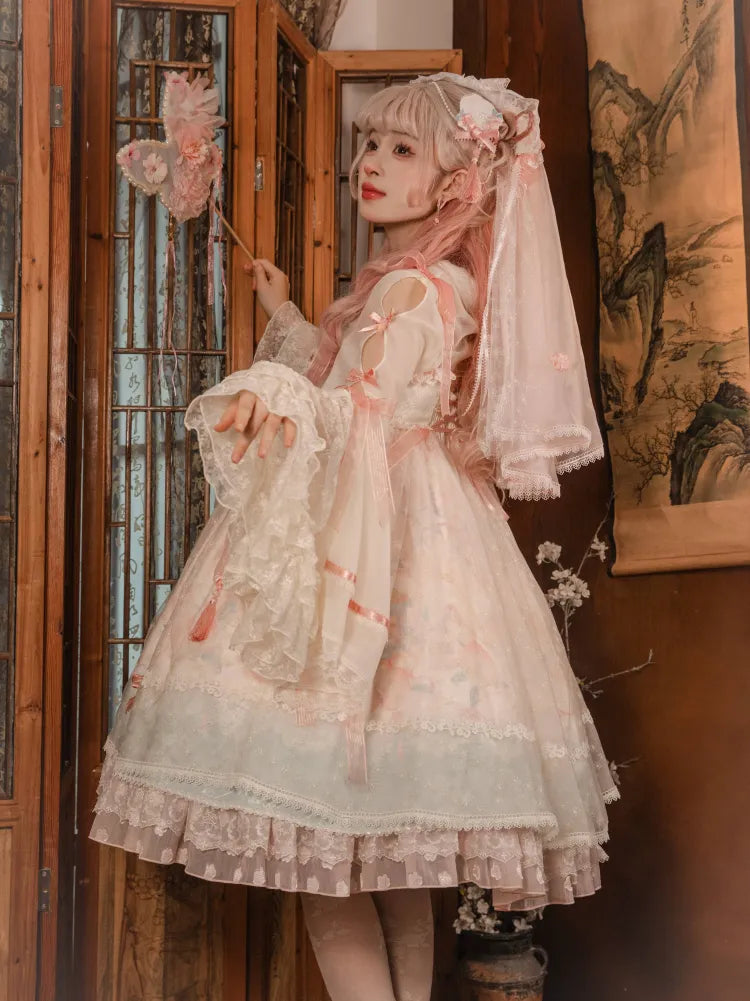 Peach and Peach Blossom Print Pink Empire Waist Han Lolita Dress