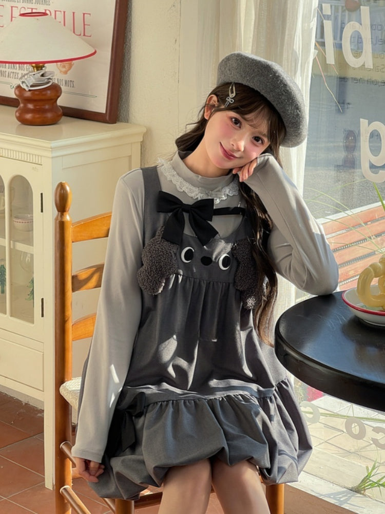Design Bowknot Dress Bubble Skirt Accents Sleeveless Gray Plush Puppy Ears