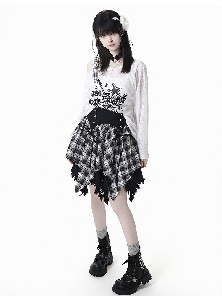 Plaid Skirt White /Black Frayed Handkerchief Hem Blue