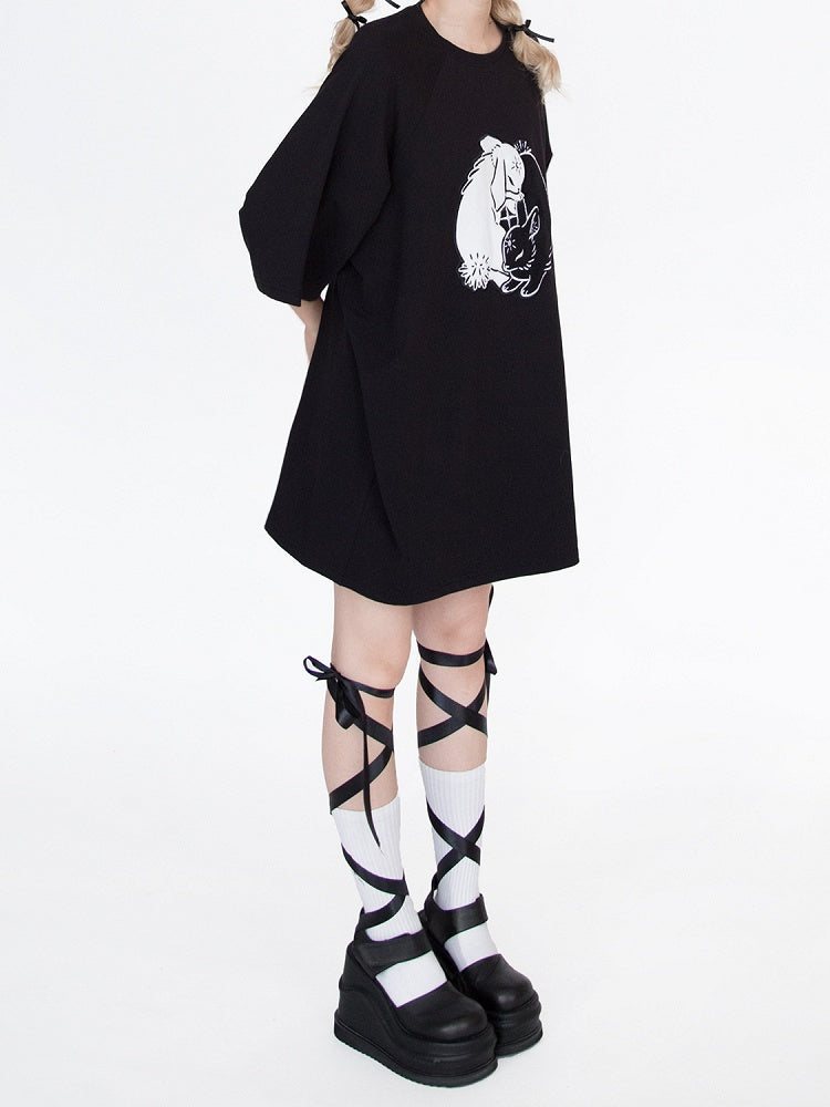 Black Bunny Embroidery Oversized T-Shirt