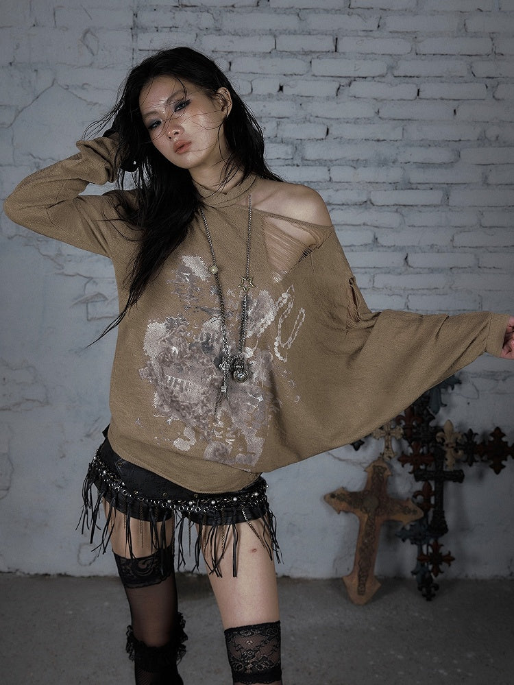 Distressed Beige/Khaki Top Neckline Punk Asymmetrical Sun Protection Wasteland Holes