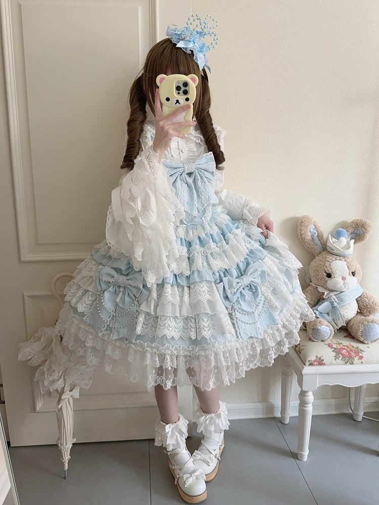 Lolita Skirt Dress Big Bows Decoration Hanayome Blue Tiered